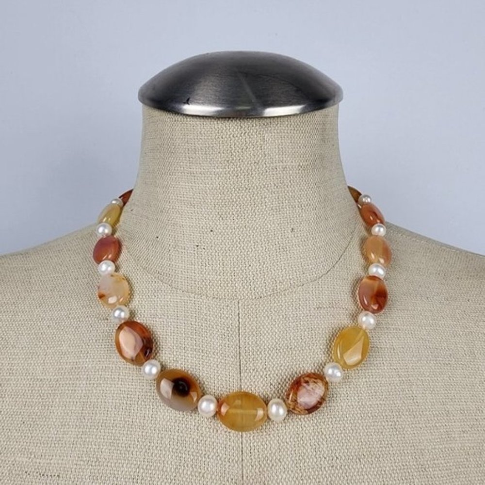 NATURAL Stone Faux Pearl Necklace &Bracelet Set Sterling Silver Clasp
